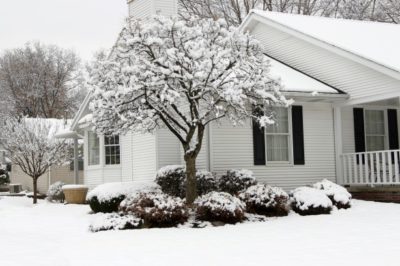 exterior shot of one-story while sided house surrounded by snow